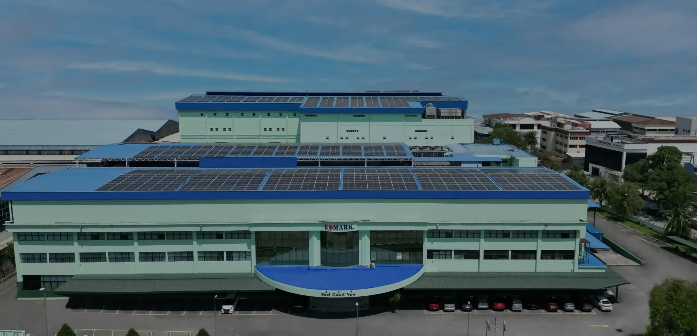 Aerial view of Edmark Industries' factory in Kinrara Industrial Park, Puchong, with solar panels across the roofs